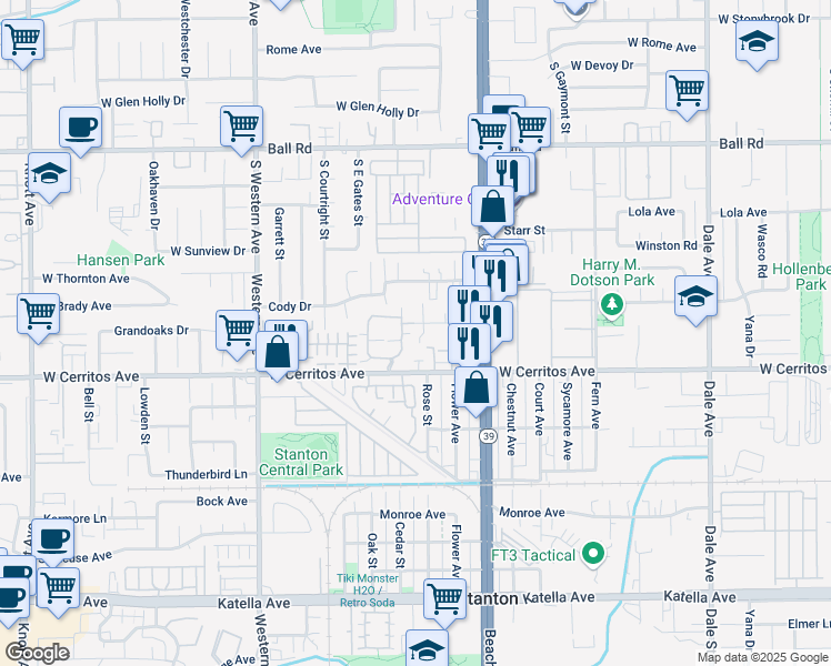 map of restaurants, bars, coffee shops, grocery stores, and more near 7822 1st Street in Stanton