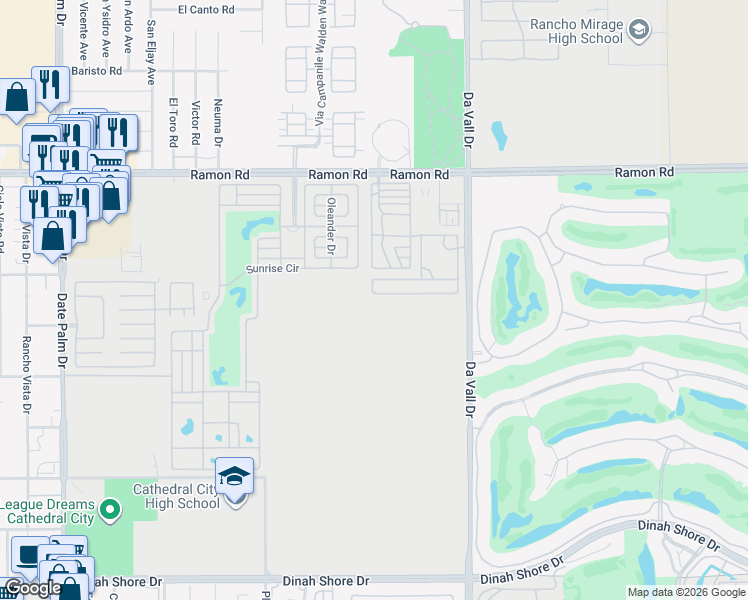 map of restaurants, bars, coffee shops, grocery stores, and more near 69801 Ramon Road in Cathedral City