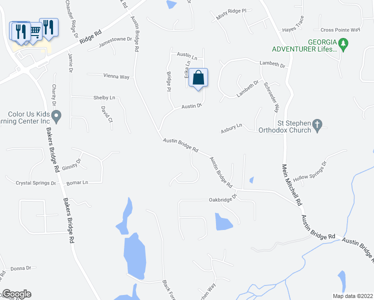 map of restaurants, bars, coffee shops, grocery stores, and more near 12 Bridgemill Drive in Douglasville