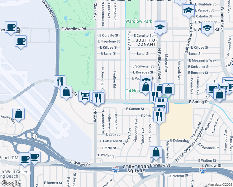 map of restaurants, bars, coffee shops, grocery stores, and more near 3022 Heather Road in Long Beach