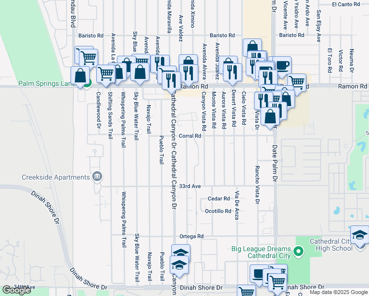 map of restaurants, bars, coffee shops, grocery stores, and more near 32609 Wishing Well Trail in Cathedral City