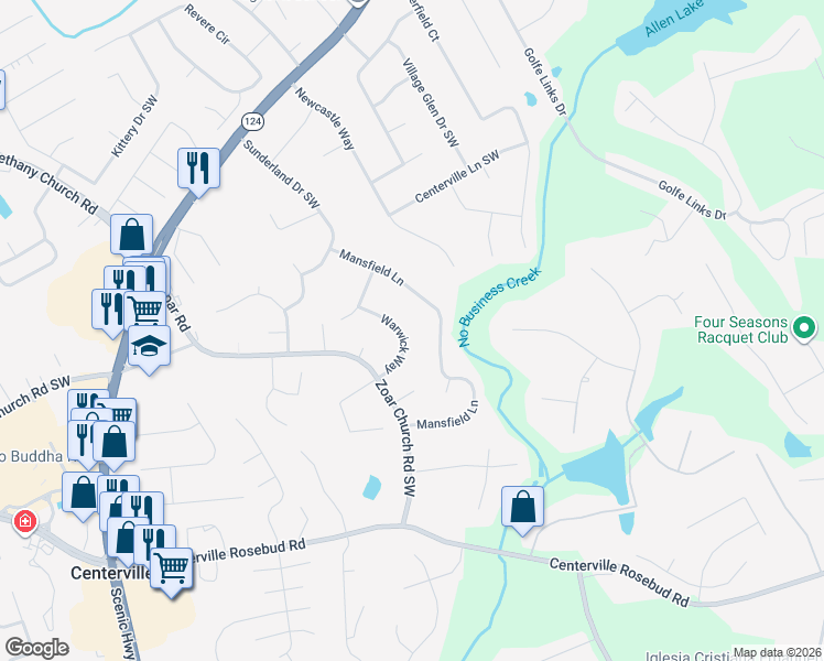 map of restaurants, bars, coffee shops, grocery stores, and more near 3464 Warwick Way in Snellville
