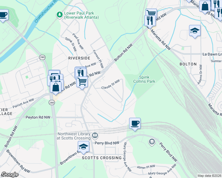 map of restaurants, bars, coffee shops, grocery stores, and more near 2448 Lowe Street Northwest in Atlanta