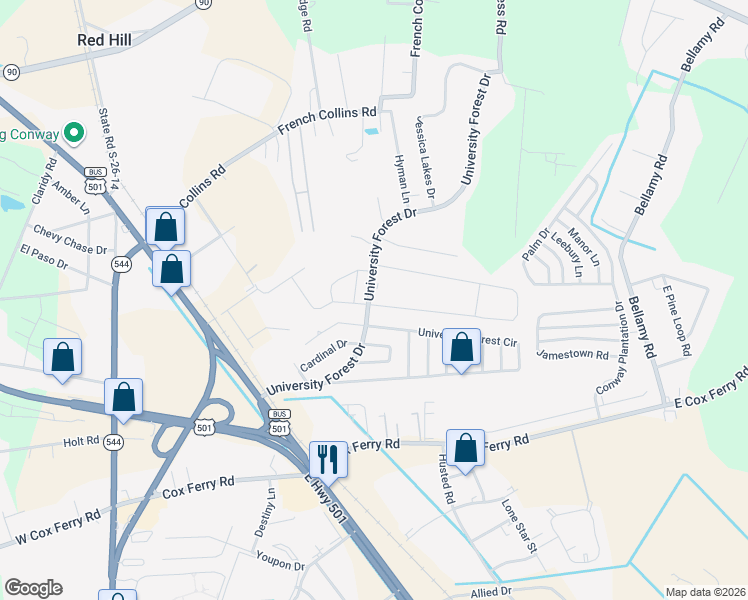 map of restaurants, bars, coffee shops, grocery stores, and more near 807 Esther Court in Conway