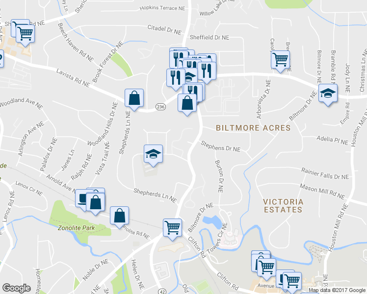 map of restaurants, bars, coffee shops, grocery stores, and more near 1332 Weatherstone Way Northeast in Atlanta
