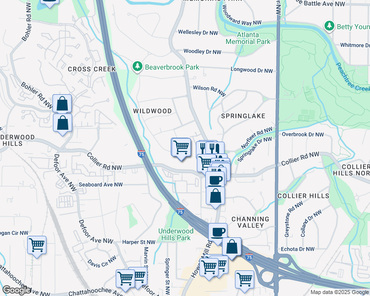 map of restaurants, bars, coffee shops, grocery stores, and more near 1986 Brookview Drive Northwest in Atlanta