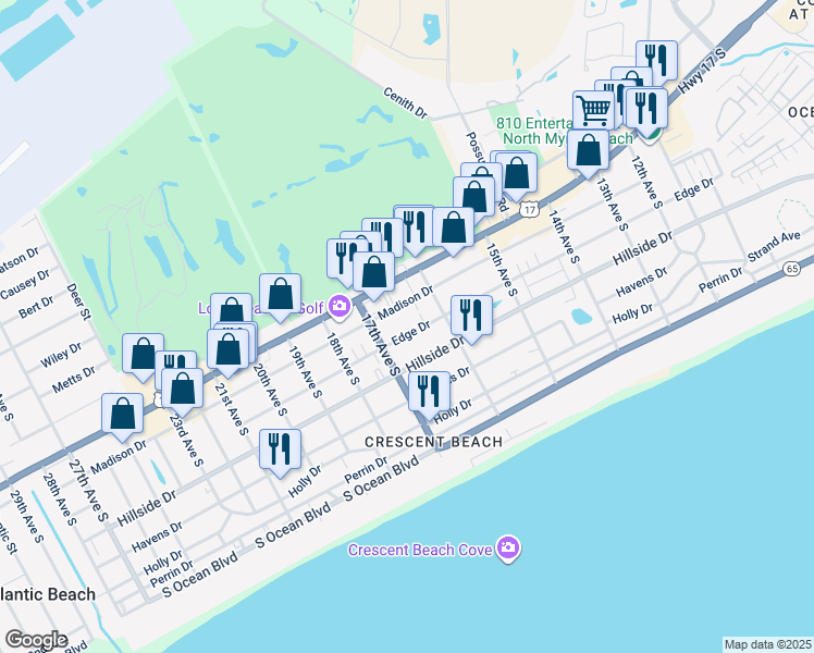 map of restaurants, bars, coffee shops, grocery stores, and more near 1612 Edge Drive in North Myrtle Beach