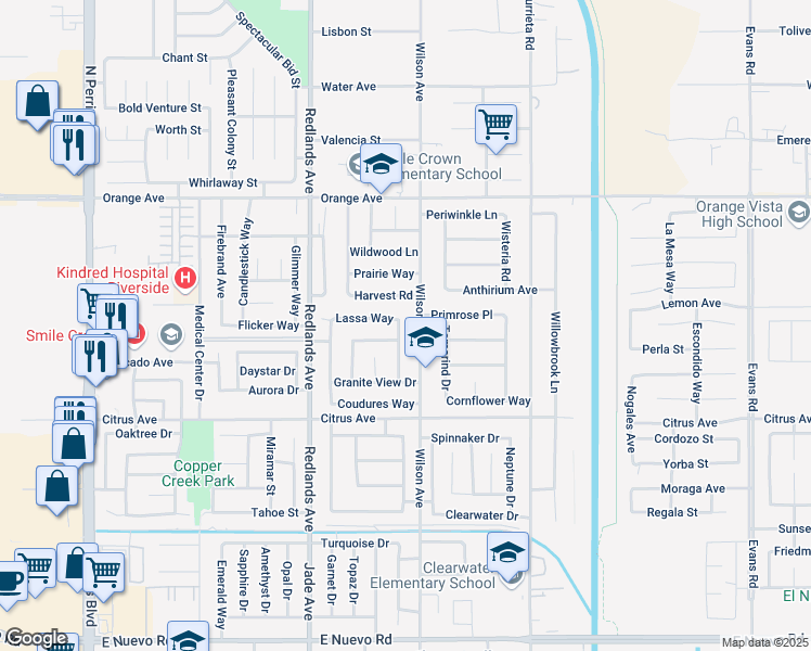 map of restaurants, bars, coffee shops, grocery stores, and more near 2157 Jean Marie Way in Perris