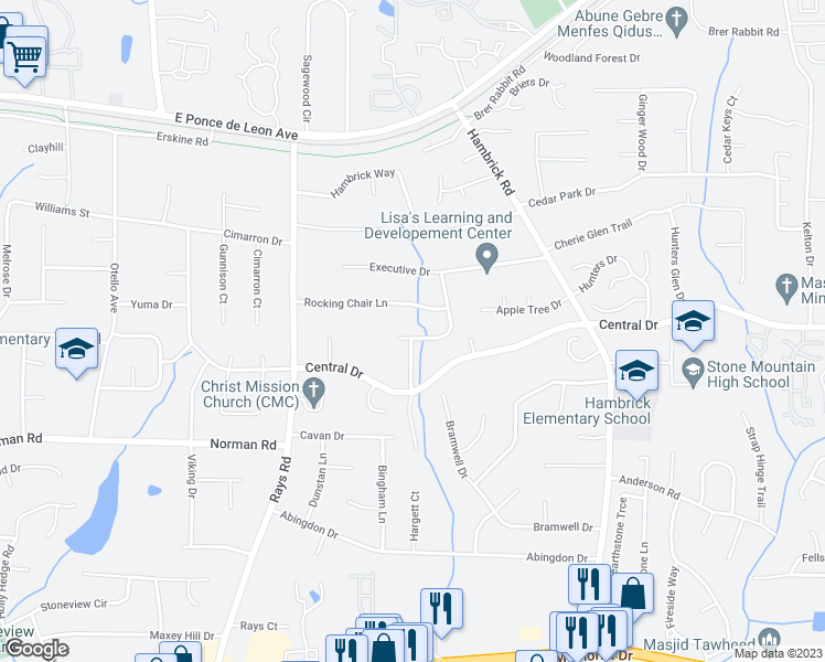 map of restaurants, bars, coffee shops, grocery stores, and more near 1050 Forest Heights Road in Stone Mountain