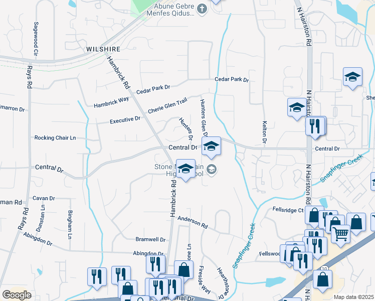 map of restaurants, bars, coffee shops, grocery stores, and more near 4527 Central Drive in Stone Mountain