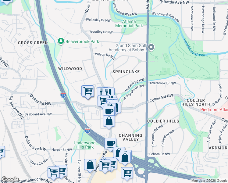 map of restaurants, bars, coffee shops, grocery stores, and more near 2073 McKinley Rd NW in Atlanta