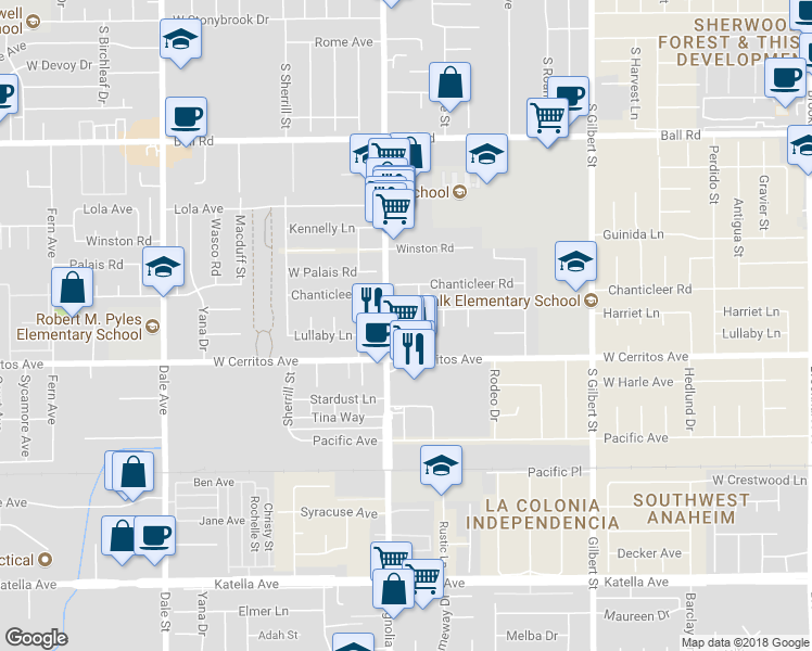map of restaurants, bars, coffee shops, grocery stores, and more near 2549 Lullaby Lane in Anaheim
