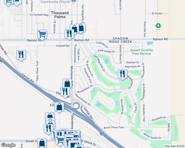 map of restaurants, bars, coffee shops, grocery stores, and more near 32770 Saint Andrews Drive in Thousand Palms