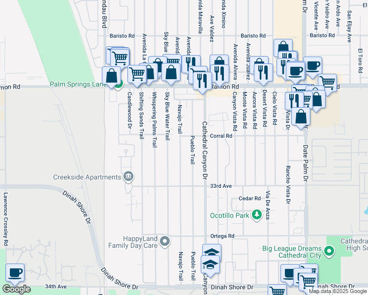 map of restaurants, bars, coffee shops, grocery stores, and more near 32608 Navajo Trail in Cathedral City