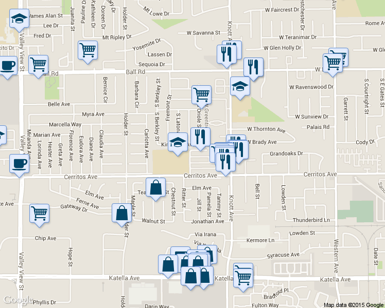 map of restaurants, bars, coffee shops, grocery stores, and more near 3574 Christine Circle in Anaheim