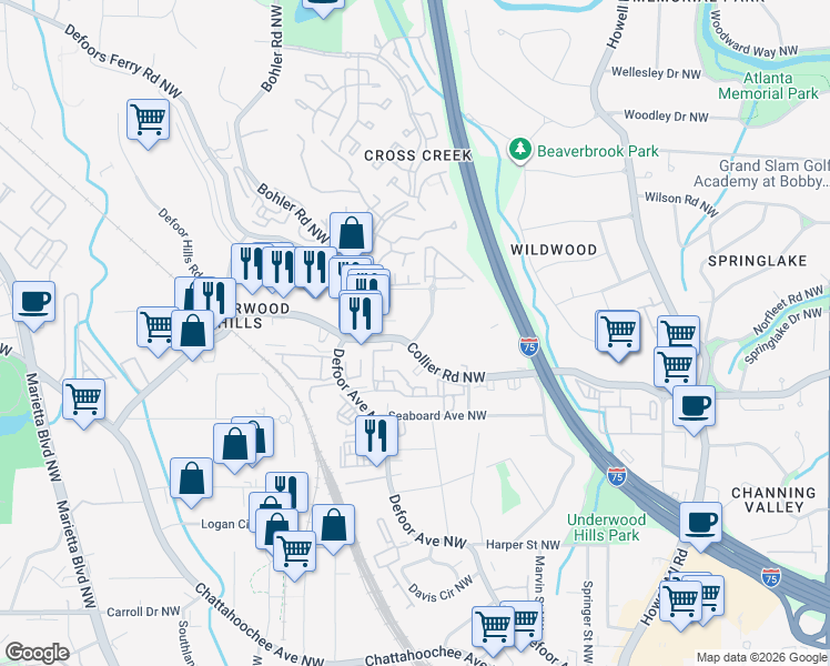 map of restaurants, bars, coffee shops, grocery stores, and more near 1175 Collier Road Northwest in Atlanta