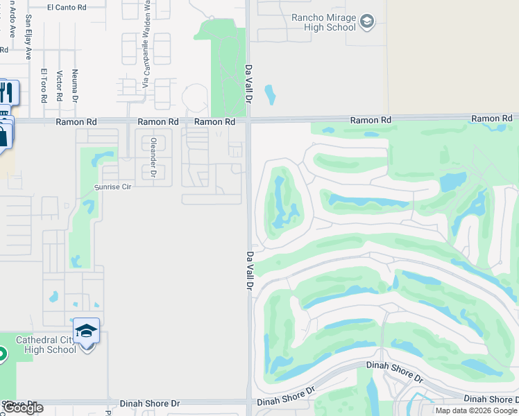 map of restaurants, bars, coffee shops, grocery stores, and more near 102 Vía Las Flores in Rancho Mirage