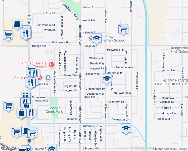 map of restaurants, bars, coffee shops, grocery stores, and more near 487 Lassa Way in Perris