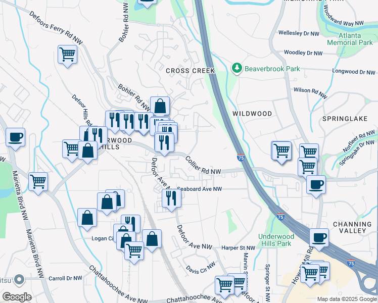 map of restaurants, bars, coffee shops, grocery stores, and more near 1175 Collier Road Northwest in Atlanta