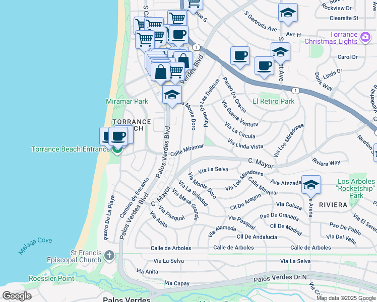 map of restaurants, bars, coffee shops, grocery stores, and more near 170 Via Monte Doro in Redondo Beach