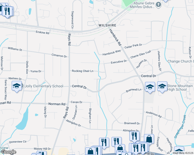 map of restaurants, bars, coffee shops, grocery stores, and more near 1050 Forest Heights Road in Stone Mountain
