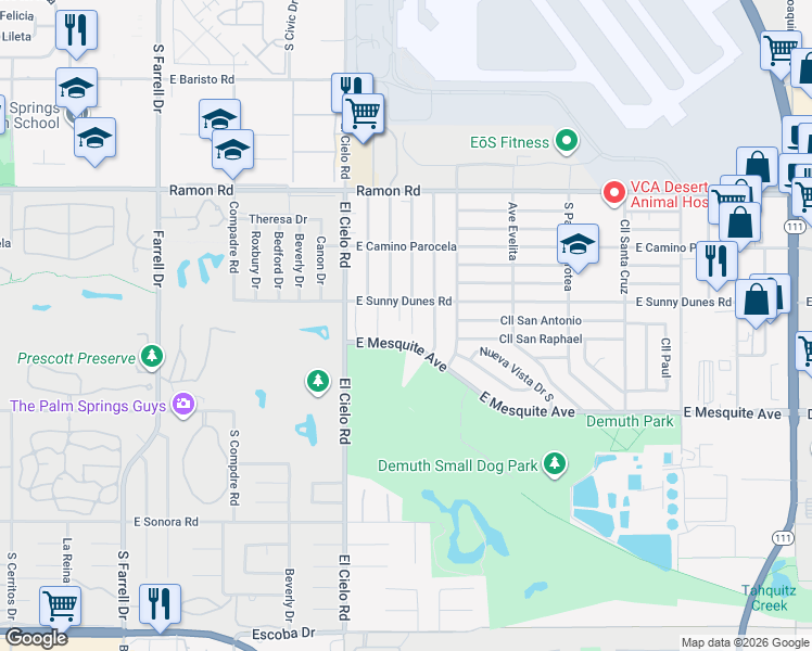 map of restaurants, bars, coffee shops, grocery stores, and more near 729 Desert Way in Palm Springs