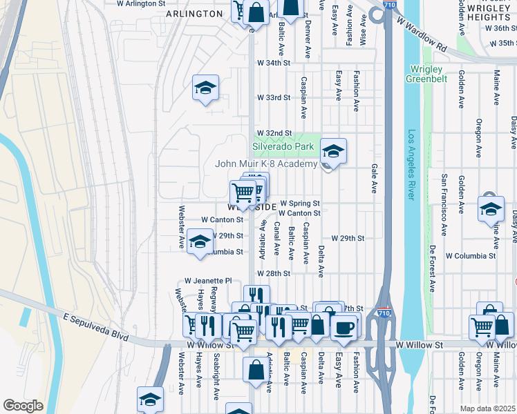 map of restaurants, bars, coffee shops, grocery stores, and more near 2992 Santa Fe Avenue in Long Beach