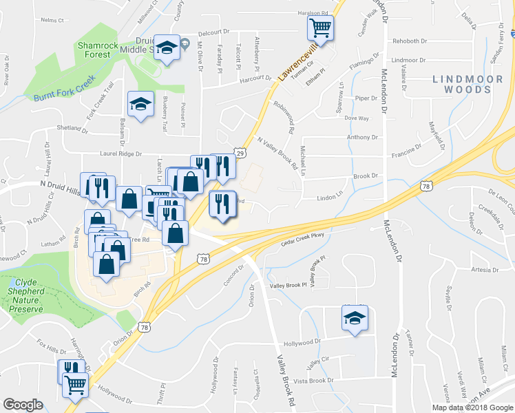 map of restaurants, bars, coffee shops, grocery stores, and more near 1941 Brian Way in Decatur