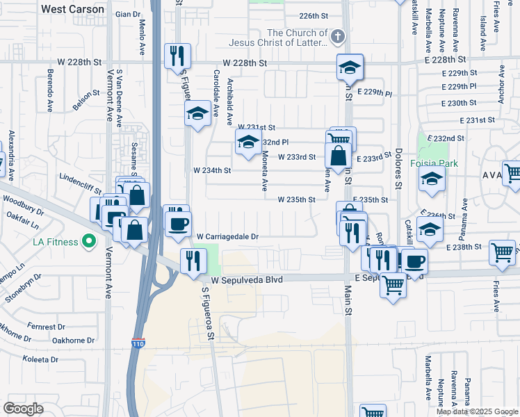 map of restaurants, bars, coffee shops, grocery stores, and more near 23502 Moneta Avenue in Carson