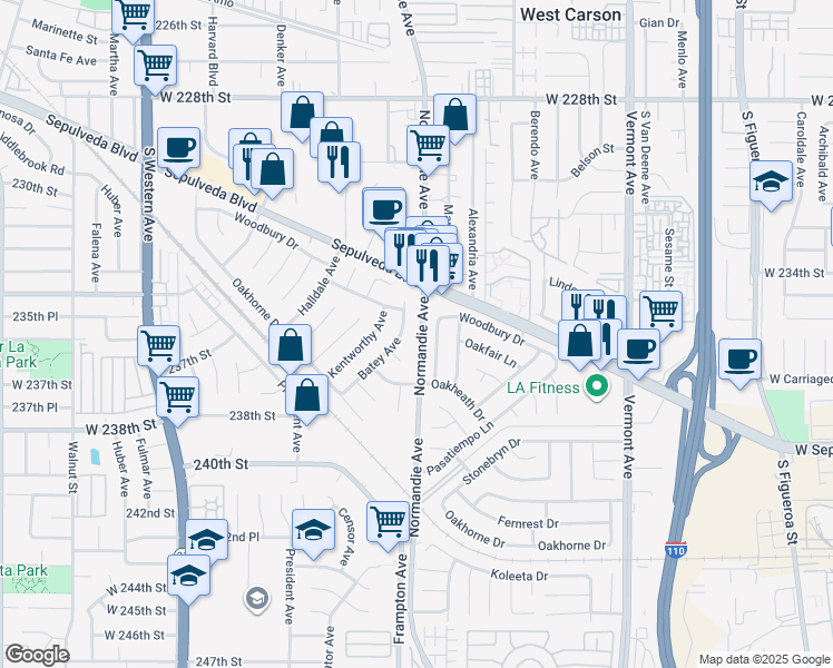 map of restaurants, bars, coffee shops, grocery stores, and more near 23515 South Normandie Avenue in Los Angeles