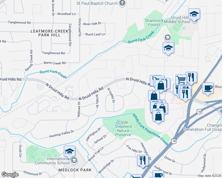 map of restaurants, bars, coffee shops, grocery stores, and more near 1111 North Valley Drive in Decatur