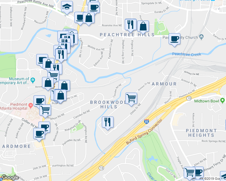 map of restaurants, bars, coffee shops, grocery stores, and more near 324 Camden Road Northeast in Atlanta