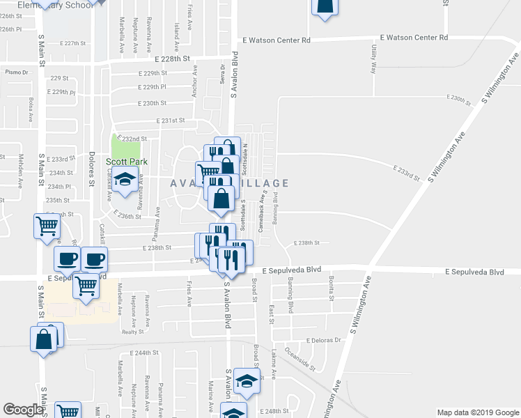 map of restaurants, bars, coffee shops, grocery stores, and more near 14 Camelback Avenue South in Carson