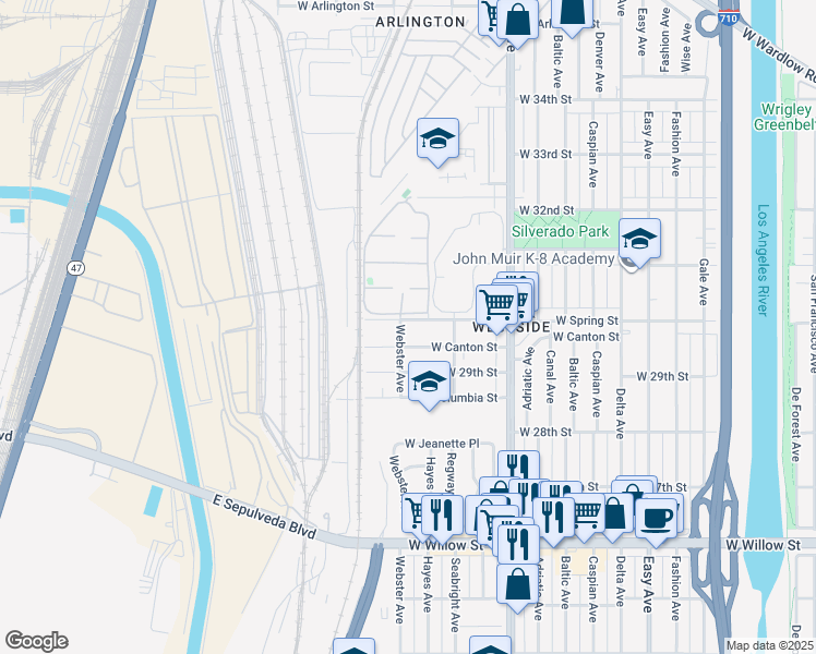map of restaurants, bars, coffee shops, grocery stores, and more near 2036 West Spring Street in Long Beach