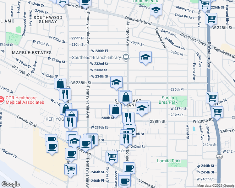 map of restaurants, bars, coffee shops, grocery stores, and more near 2250 West 235th Street in Torrance