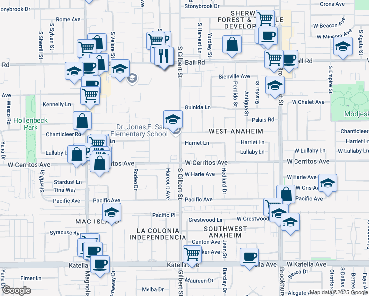map of restaurants, bars, coffee shops, grocery stores, and more near 10412 Gilbert Street in Anaheim