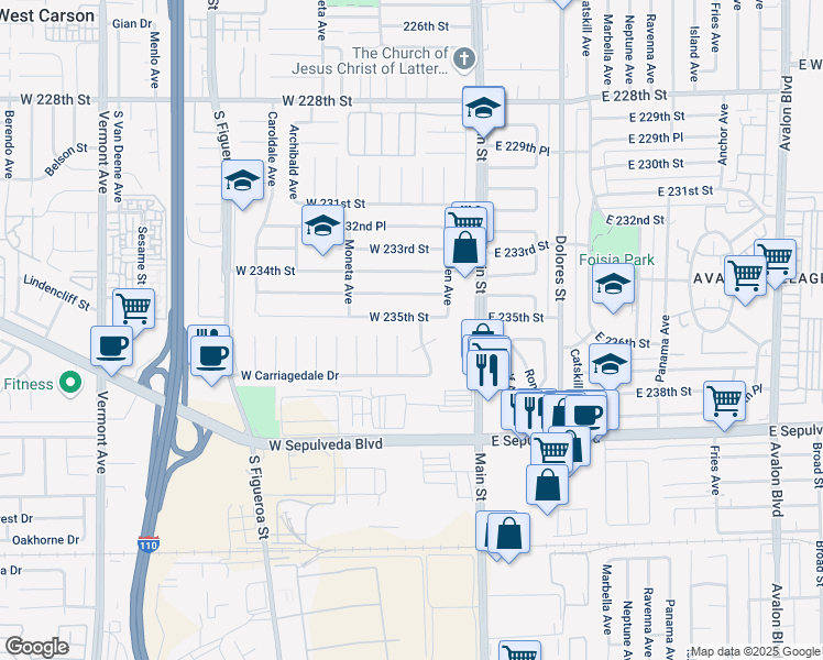 map of restaurants, bars, coffee shops, grocery stores, and more near 23513 Frigate Avenue in Carson