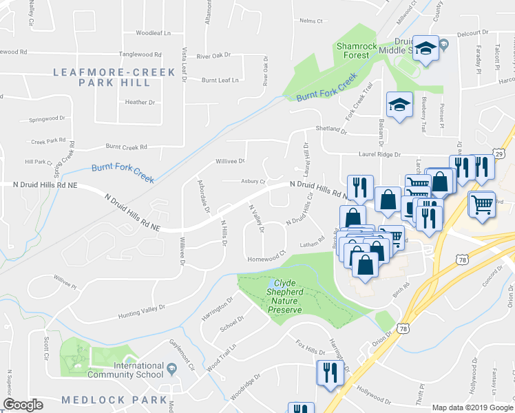 map of restaurants, bars, coffee shops, grocery stores, and more near 1111 North Valley Drive in Decatur