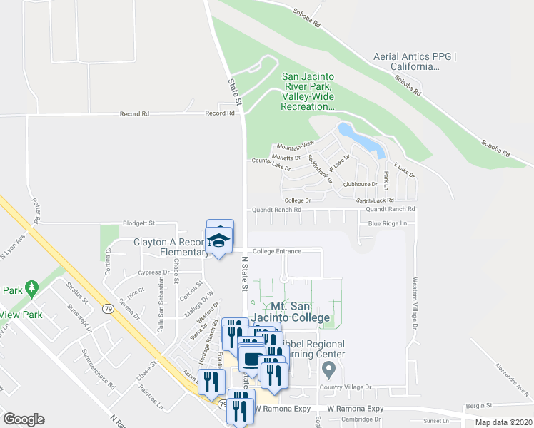 map of restaurants, bars, coffee shops, grocery stores, and more near 1796 North Marjorie Lane in San Jacinto