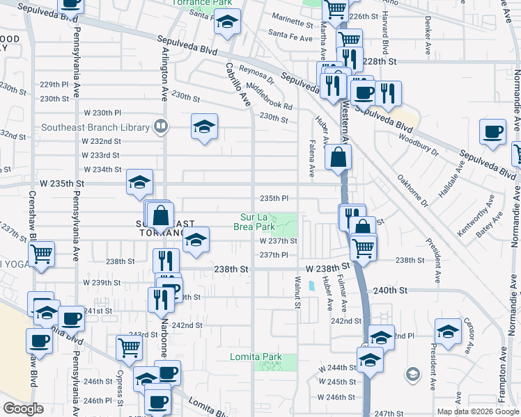 map of restaurants, bars, coffee shops, grocery stores, and more near 1967 West 236th Street in Torrance