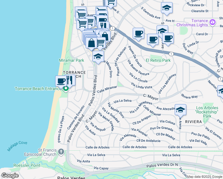 map of restaurants, bars, coffee shops, grocery stores, and more near 170 Via Monte Doro in Redondo Beach