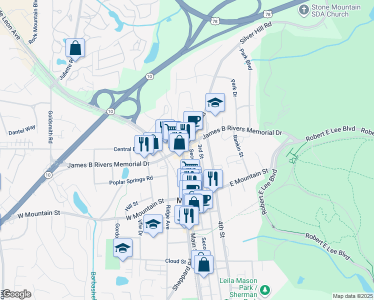 map of restaurants, bars, coffee shops, grocery stores, and more near 6655 James B Rivers Memorial Drive in Stone Mountain