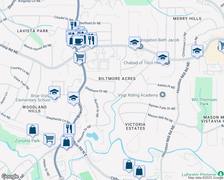 map of restaurants, bars, coffee shops, grocery stores, and more near 1507 Lively Ridge Road Northeast in Atlanta