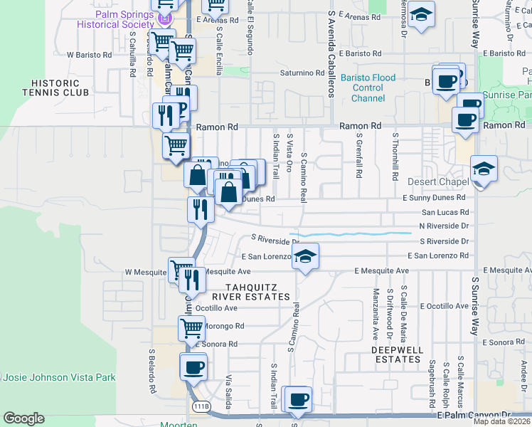 map of restaurants, bars, coffee shops, grocery stores, and more near 750 South Calle Palo Fierro in Palm Springs