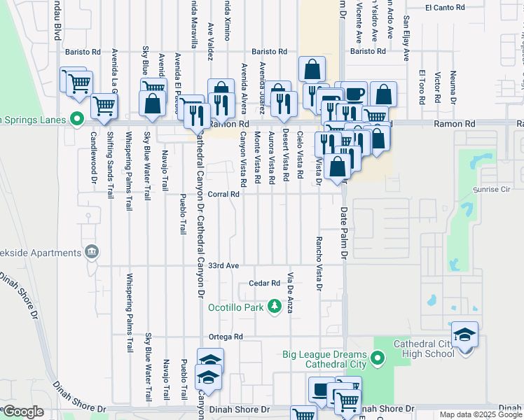 map of restaurants, bars, coffee shops, grocery stores, and more near 32620 Monte Vista Road in Cathedral City