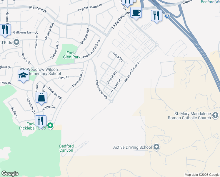 map of restaurants, bars, coffee shops, grocery stores, and more near 2521 Verna Drive in Corona