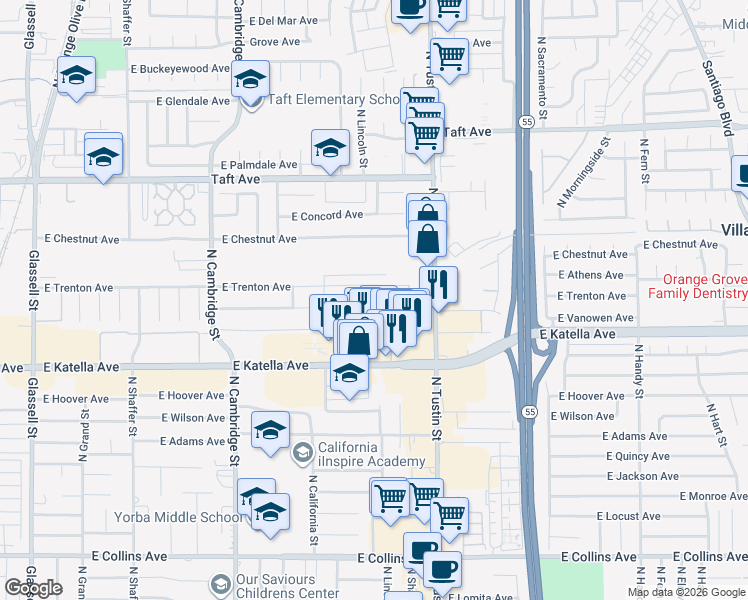 map of restaurants, bars, coffee shops, grocery stores, and more near 1540 East Trenton Avenue in Orange