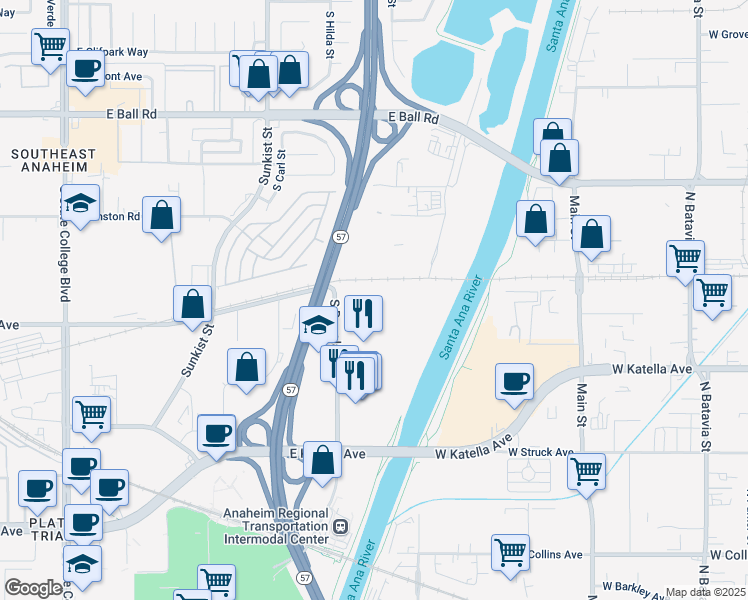 map of restaurants, bars, coffee shops, grocery stores, and more near 1400 South Douglass Road in Anaheim