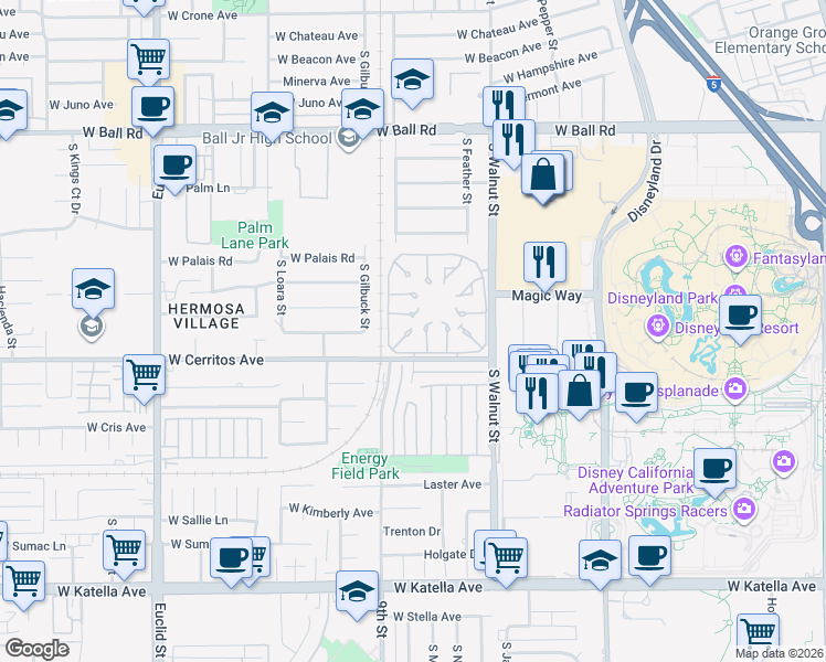 map of restaurants, bars, coffee shops, grocery stores, and more near 1409 West Cerritos Avenue in Anaheim