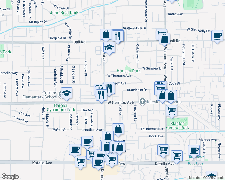 map of restaurants, bars, coffee shops, grocery stores, and more near 3426 West Brady Avenue in Anaheim